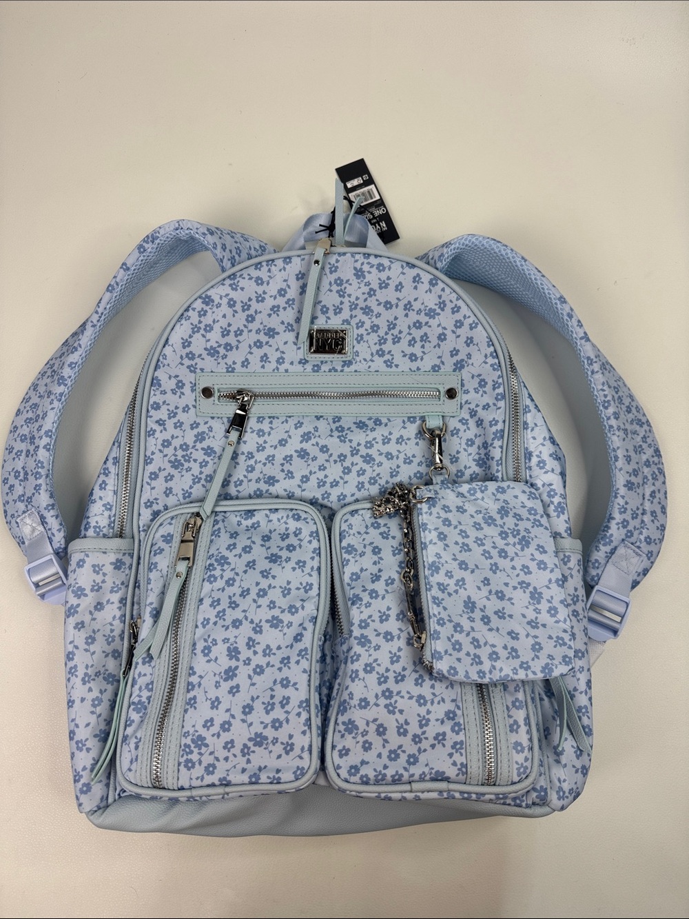 Madden NYC Light Blue Floral Multi-Pocket Backpack & pouch Adjustable NEW NWT